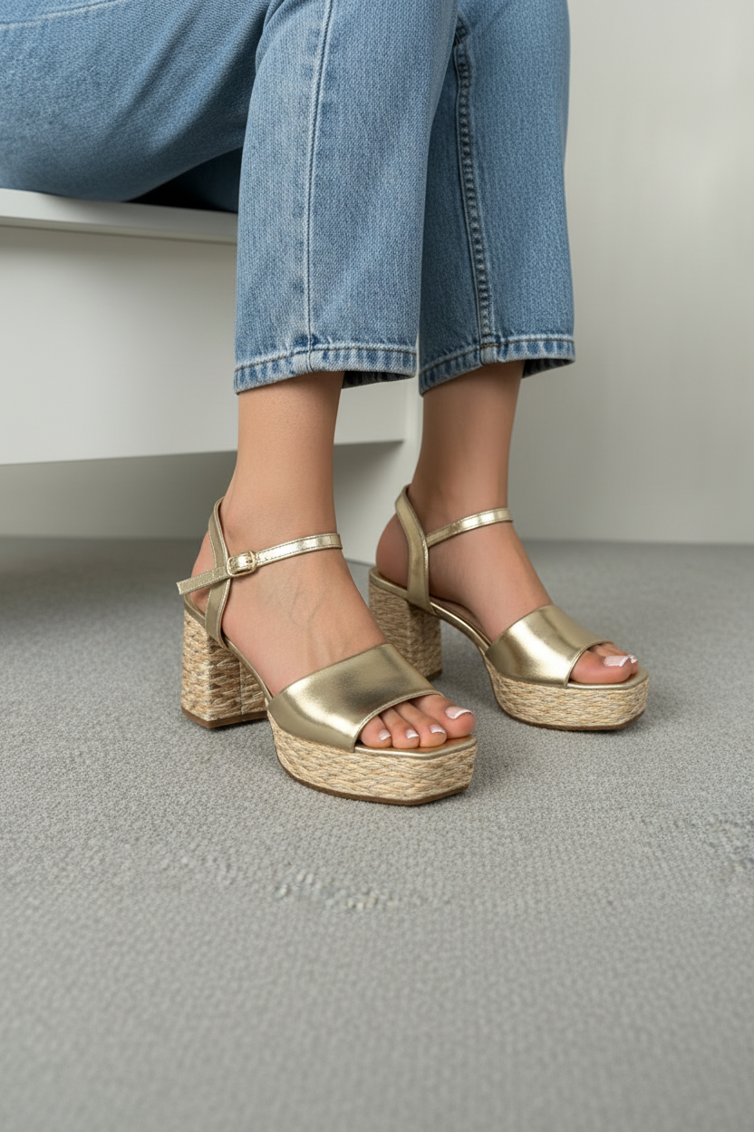 Sandalias De Tacón Con Plataforma Y Tacón Cubierto En Yute Natural Marrón – 13750