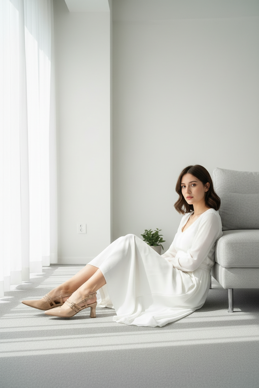 Sandalias Beige De Tacón Medio Con Tiras Cruzadas En Charol Brillante Estilo Elegante – 14579