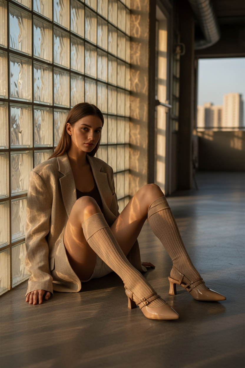 Sandalias Beige De Tacón Medio Con Tiras Cruzadas En Charol Brillante Estilo Elegante – 14579