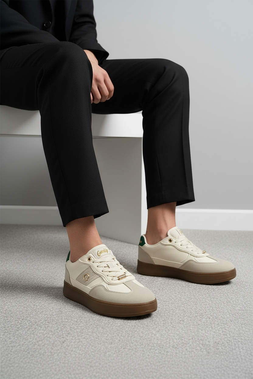 Tenis Casual En Gamuza Con Paneles Estampados Monograma Y Detalles Crema, Estilo Urbano - 13459