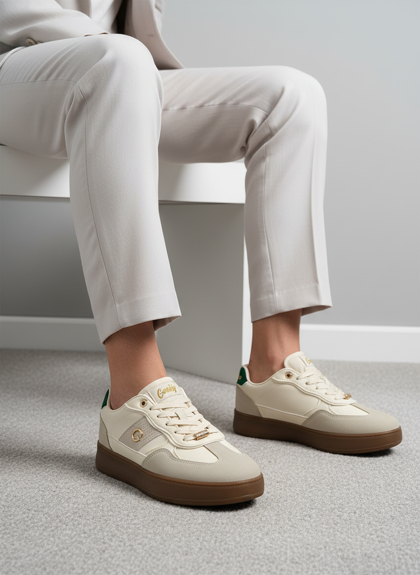 Tenis Casual En Gamuza Con Paneles Estampados Monograma Y Detalles Crema, Estilo Urbano - 13459