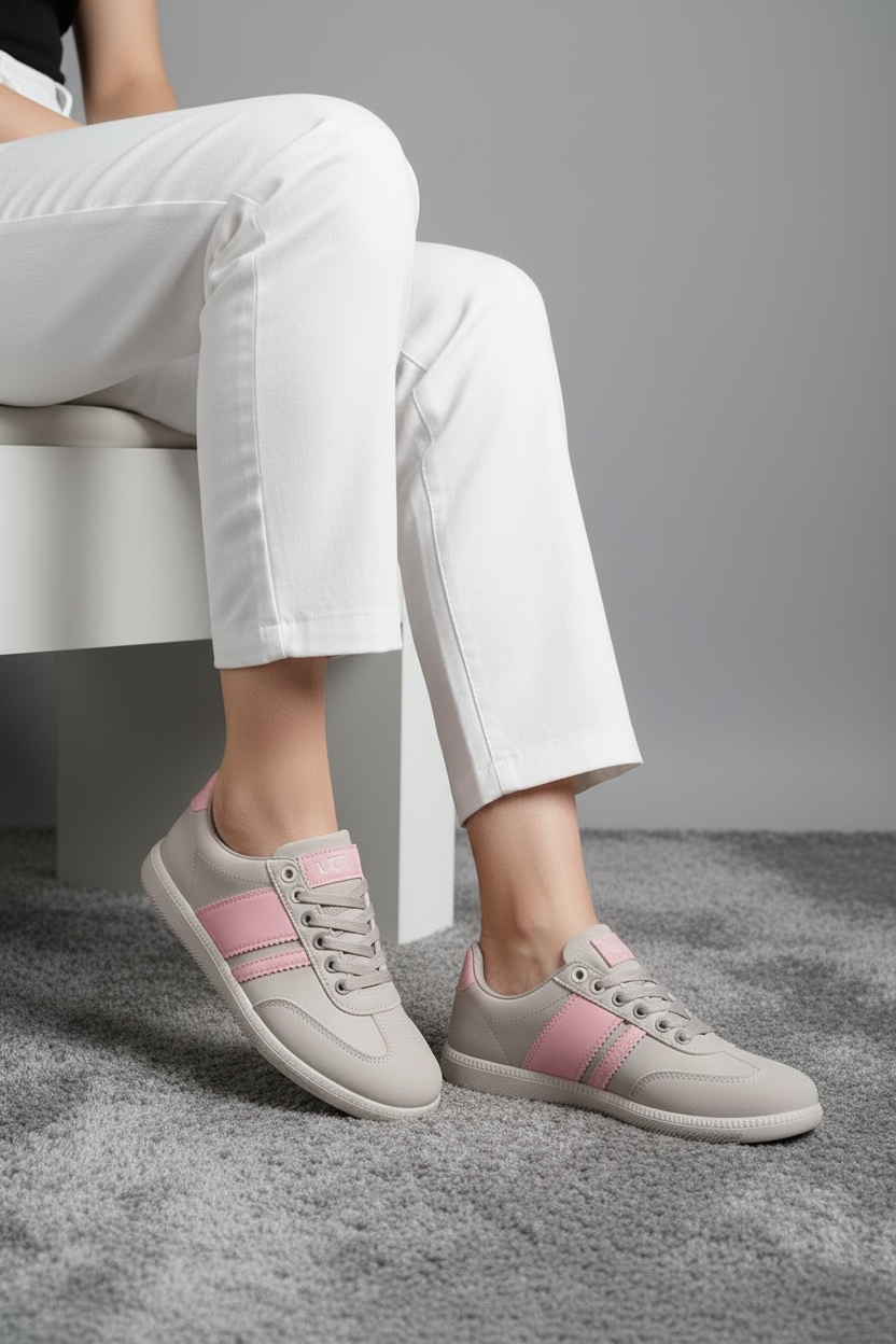 Tenis Casual Gris Claro Con Detalles Rosa Pastel Estilo Urbano Retro Renovado - 13407