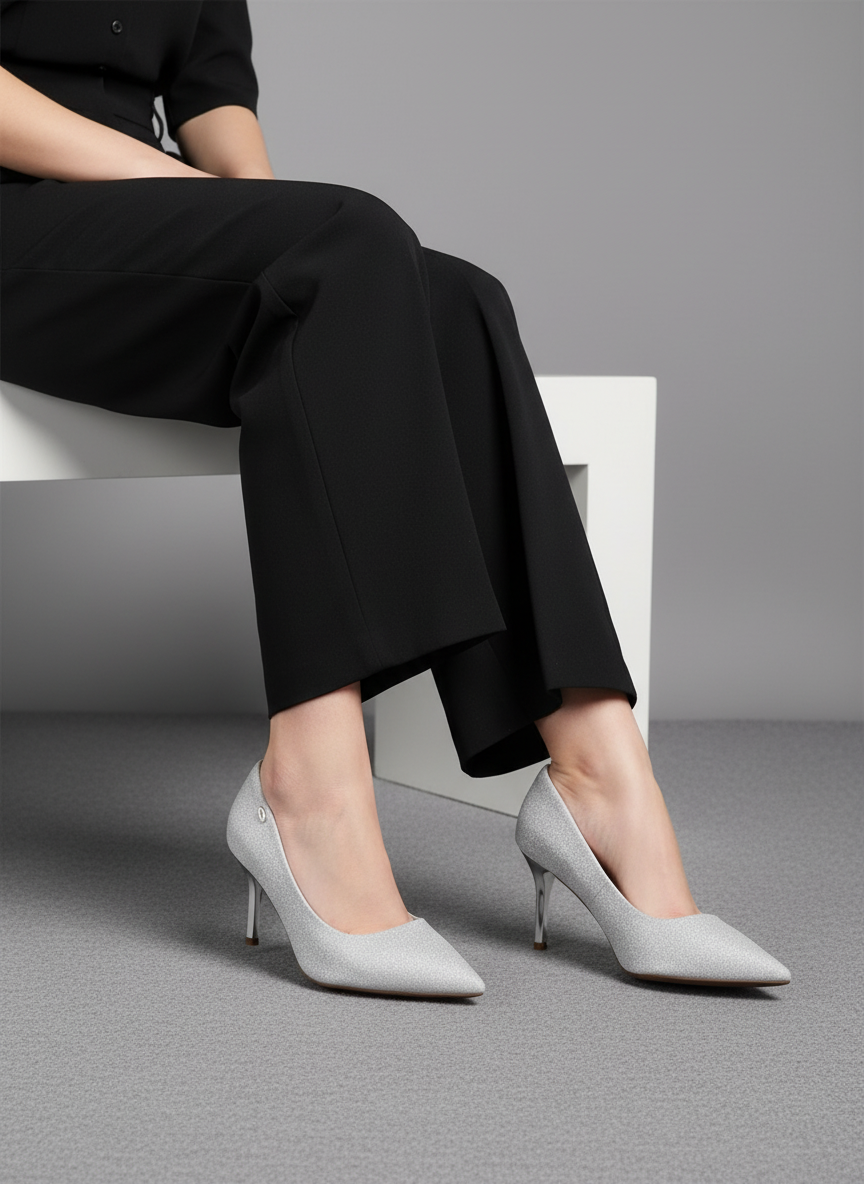 Tacones Plateados Con Brillo Fino Y Tacón Delgado Con Puntera Cerrada Elegantes Para Eventos - 14576