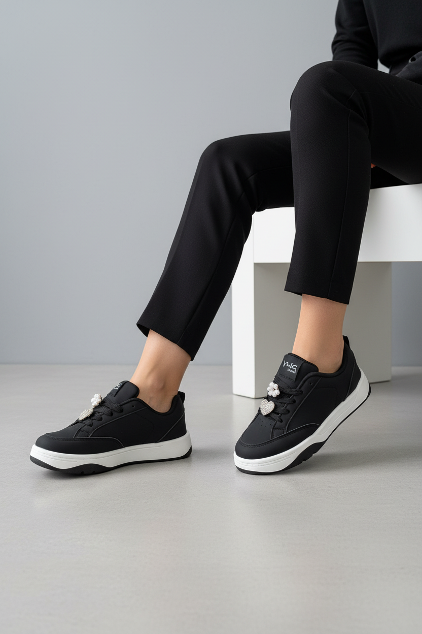 Tenis de mujer en negro con suela blanca y detalles metálicos en empeine - estilo urbano moderno - 14138