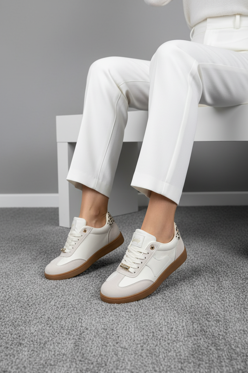 Zapatillas Para Dama Off White Con Detalle Animal Print En El Talón + Estilo Moderno + 14315