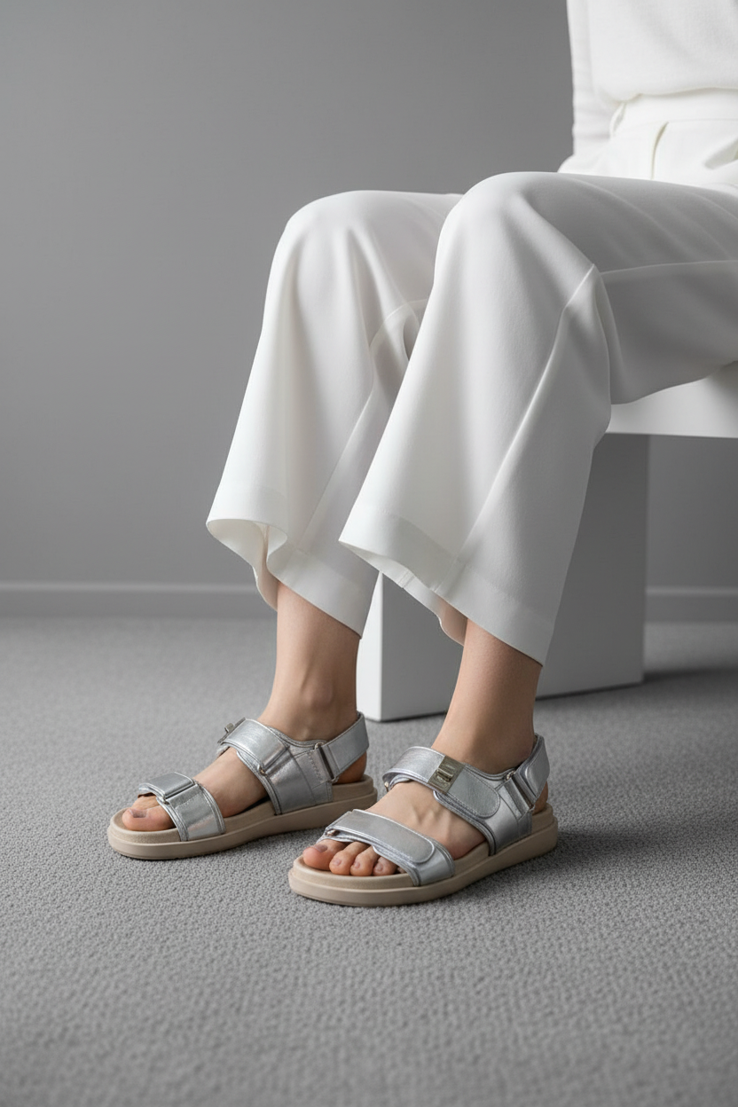 Sandalias Plateadas Con Hebilla 14419 Con Suela Ergonómica Texturizada Para Soporte Y Confort