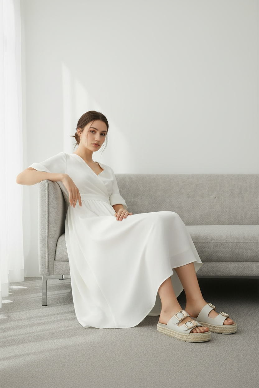 Sandalias Plataforma Beige con Hebillas Metálicas Forradas en Textura Tipo Yute - 14506