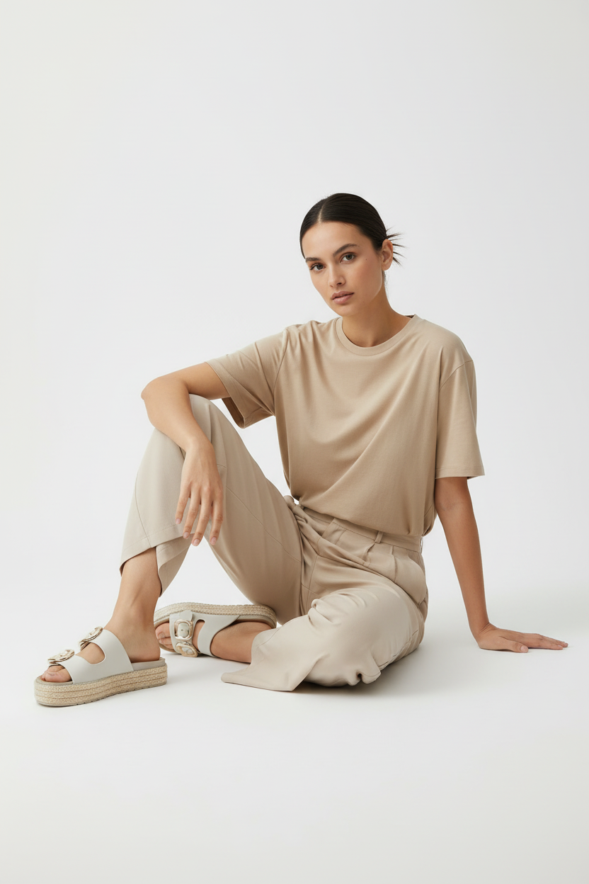 Sandalias Plataforma Beige con Hebillas Metálicas Forradas en Textura Tipo Yute - 14506