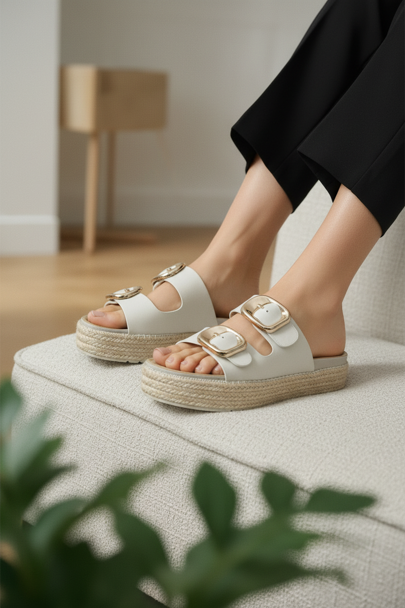Sandalias Plataforma Beige con Hebillas Metálicas Forradas en Textura Tipo Yute - 14506