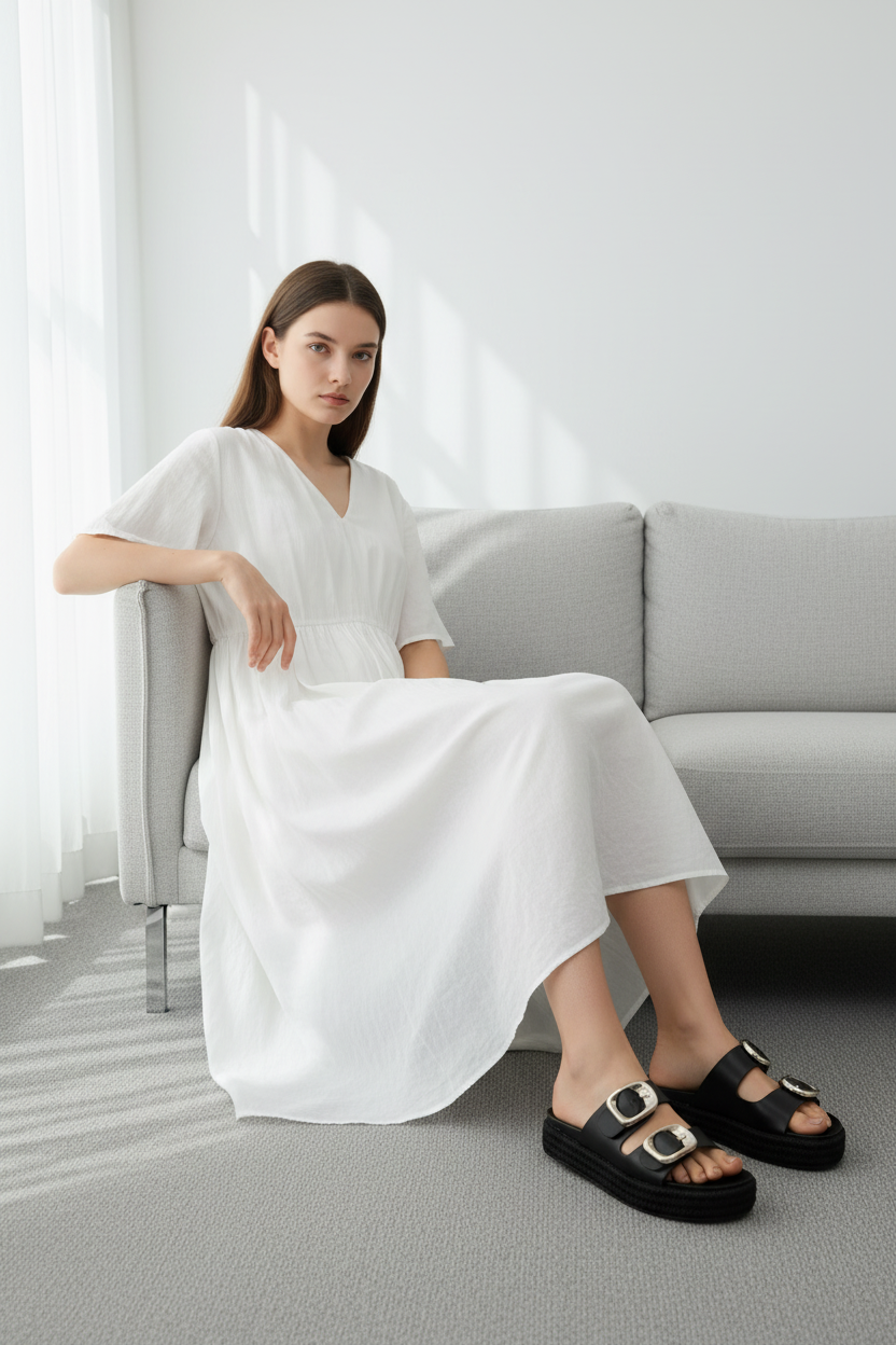 Sandalias Negras con Plataforma Tejida y Hebillas Doradas para Estilo Moderno – 14507