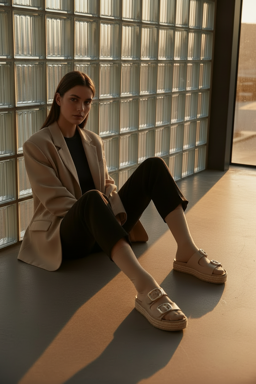 Sandalias Beige Con Doble Hebilla Y Plataforma Forrada En Yute Para Uso Diario - 14508