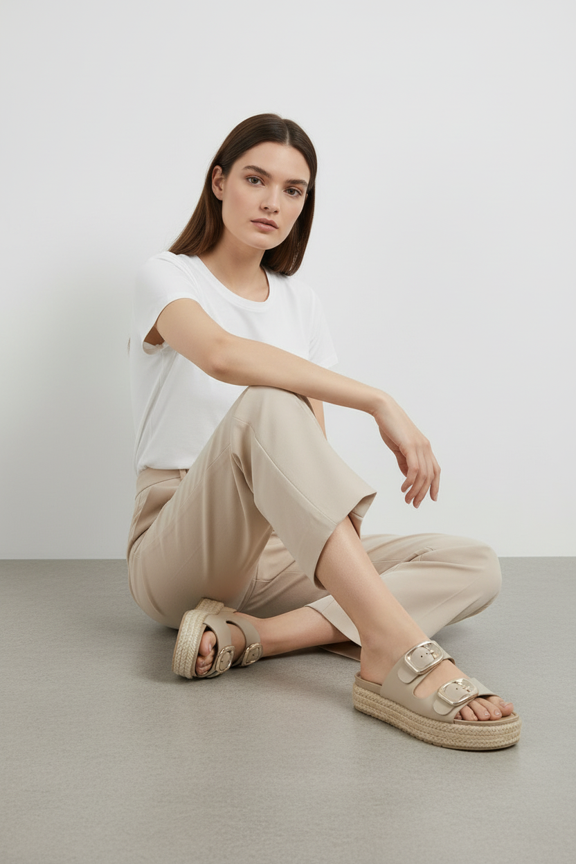 Sandalias Beige Con Doble Hebilla Y Plataforma Forrada En Yute Para Uso Diario - 14508