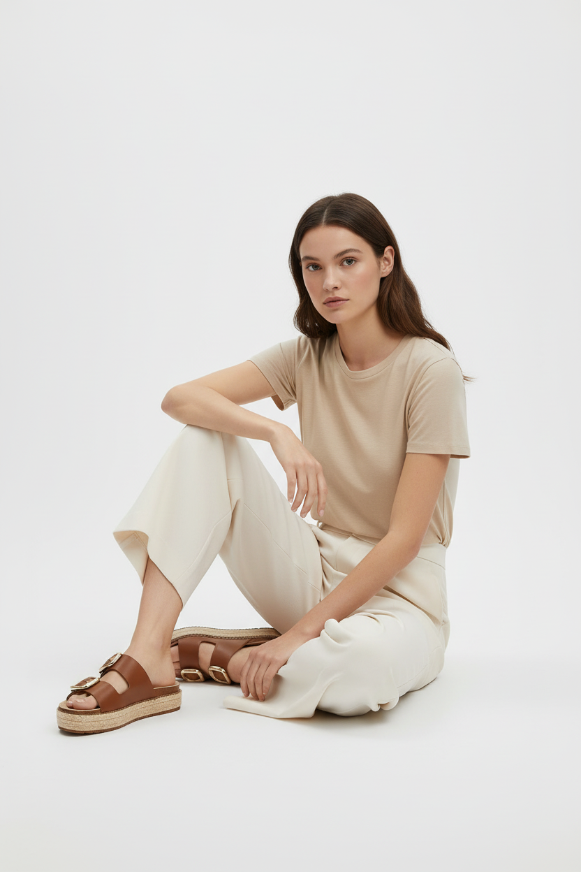 Sandalias De Plataforma En Tonos Tierra Con Doble Hebilla Y Suela Tejida De Yute - 14509