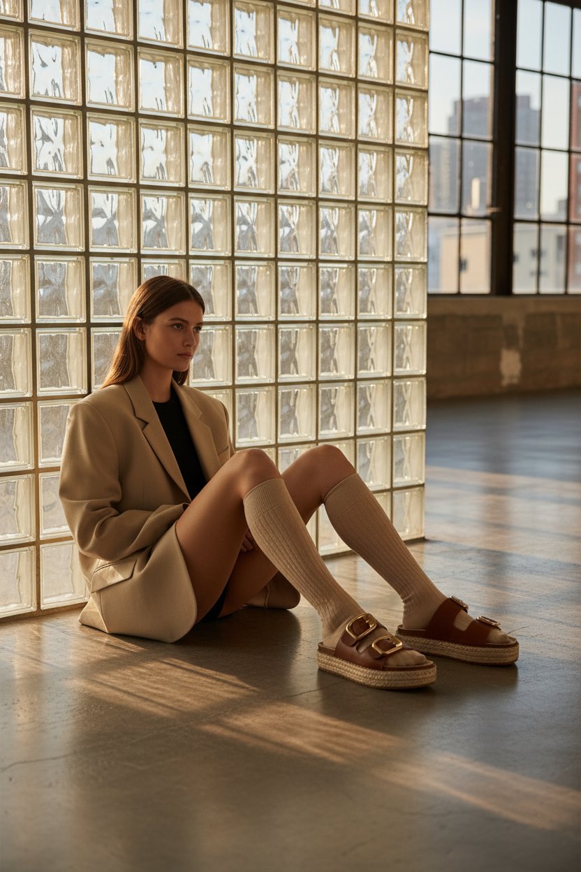 Sandalias De Plataforma En Tonos Tierra Con Doble Hebilla Y Suela Tejida De Yute - 14509