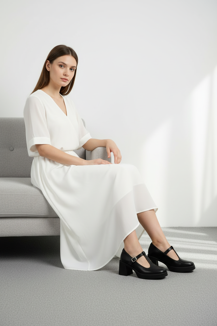 Mary Jane + Negra Con Plataforma Y Tacón Grueso Y Tira Ajustable + Estilo Clásico Y Versátil + 14512