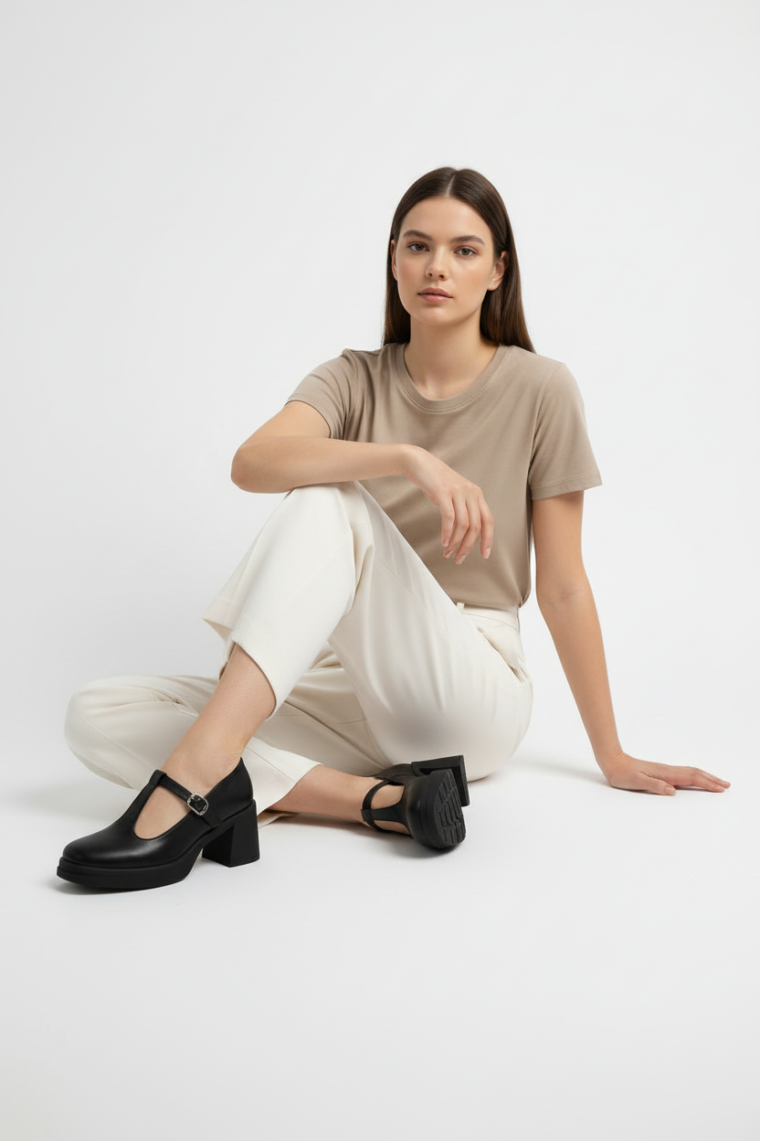 Mary Jane + Negra Con Plataforma Y Tacón Grueso Y Tira Ajustable + Estilo Clásico Y Versátil + 14512