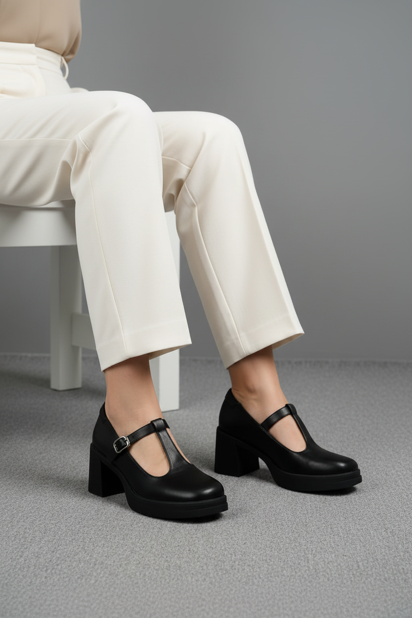 Mary Jane + Negra Con Plataforma Y Tacón Grueso Y Tira Ajustable + Estilo Clásico Y Versátil + 14512