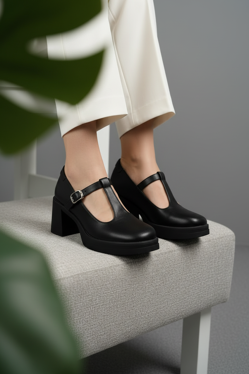 Mary Jane + Negra Con Plataforma Y Tacón Grueso Y Tira Ajustable + Estilo Clásico Y Versátil + 14512