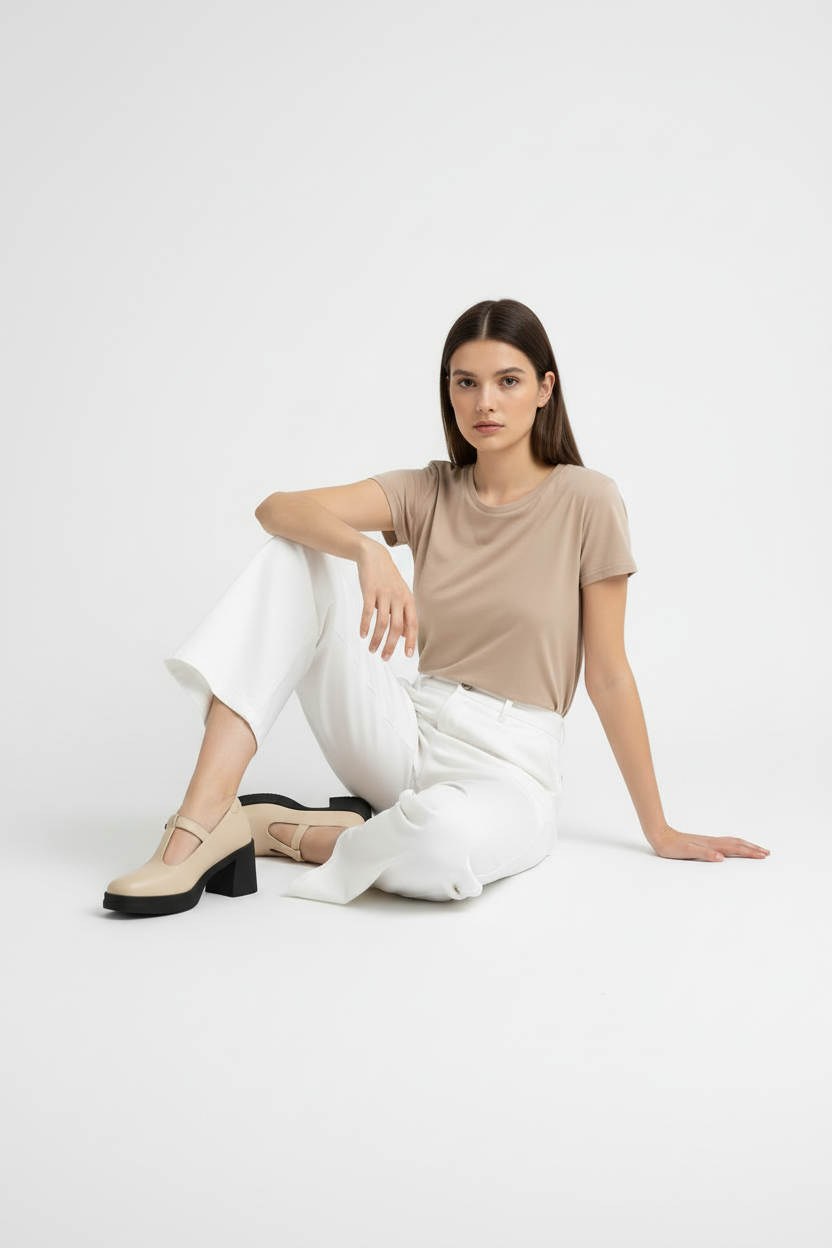 Mary Jane Beige Con Tacón Block Y Tira Ajustable En Acabado Liso Para Una Apariencia Dulce Y Moderna - 14513