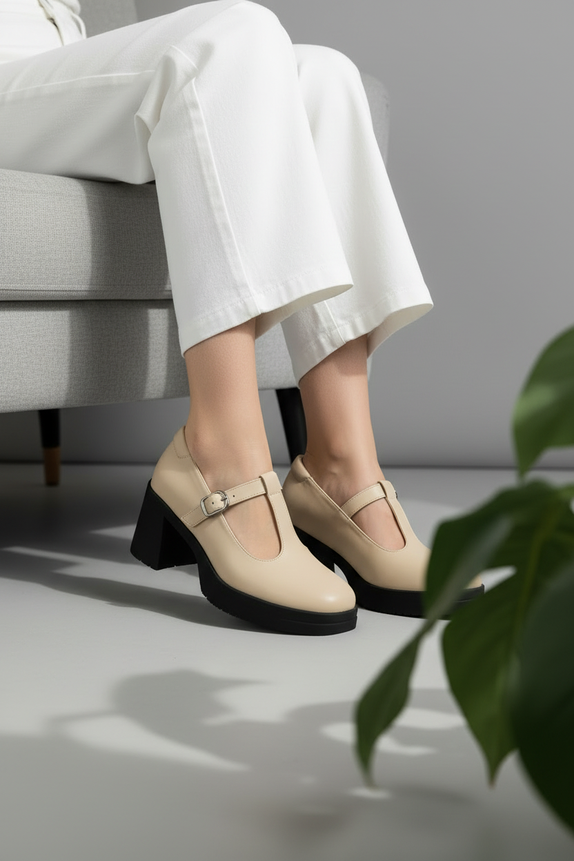 Mary Jane Beige Con Tacón Block Y Tira Ajustable En Acabado Liso Para Una Apariencia Dulce Y Moderna - 14513