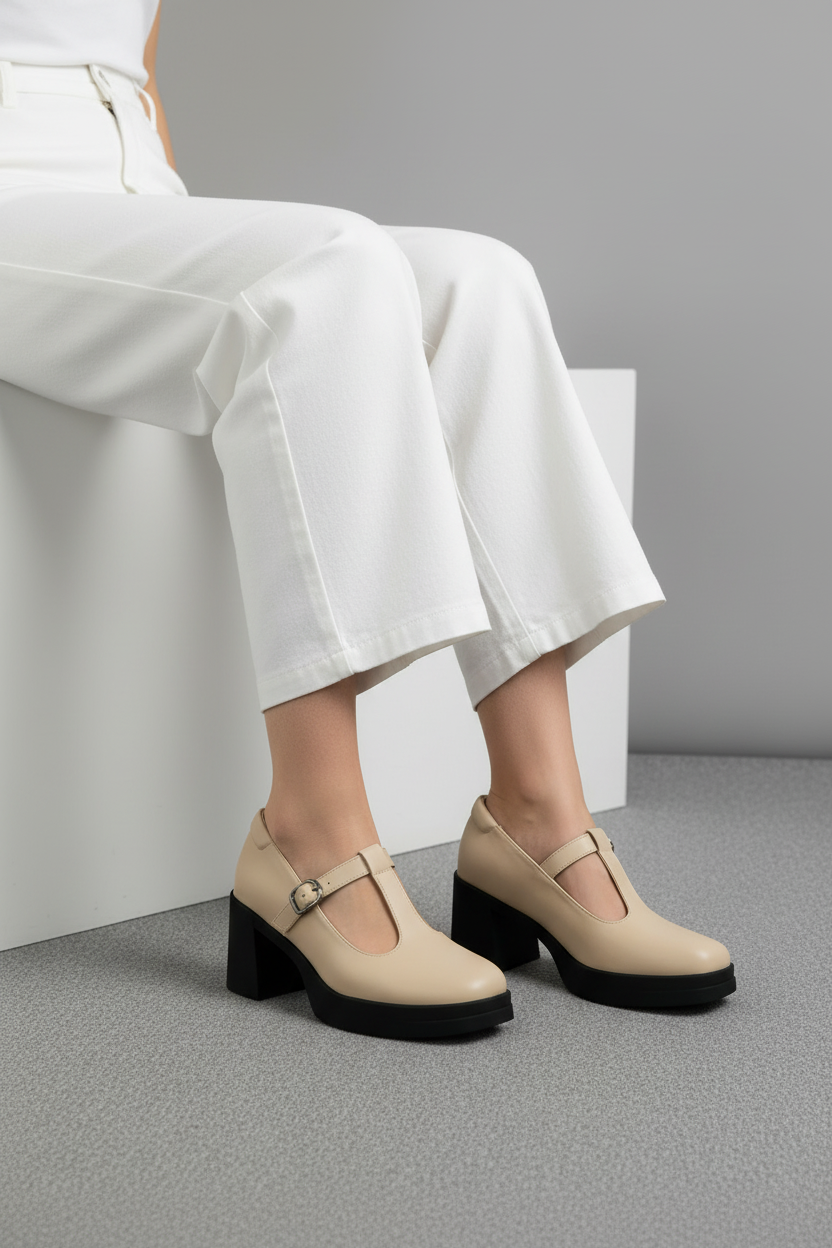 Mary Jane Beige Con Tacón Block Y Tira Ajustable En Acabado Liso Para Una Apariencia Dulce Y Moderna - 14513