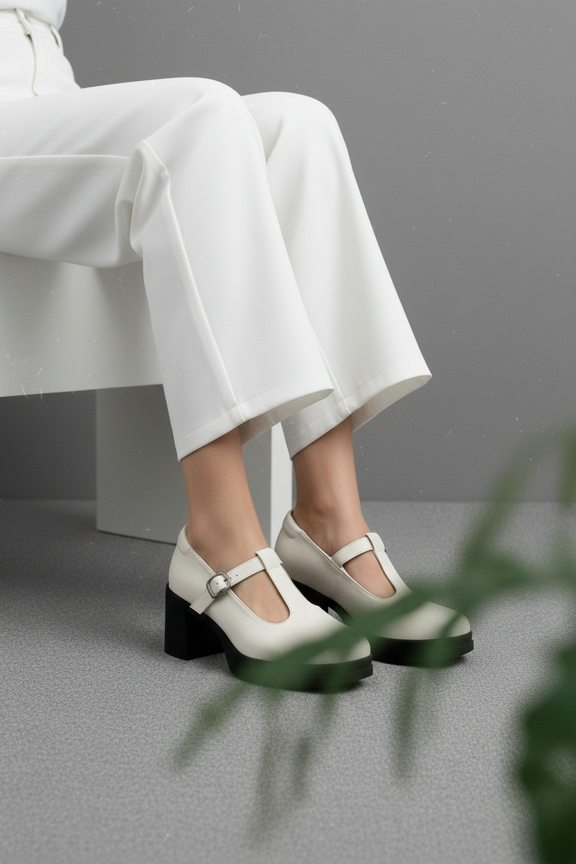 Mary Jane Blanco Con Plataforma Y Correa Ajustable Estilo Clásico Para Mujer - 14514