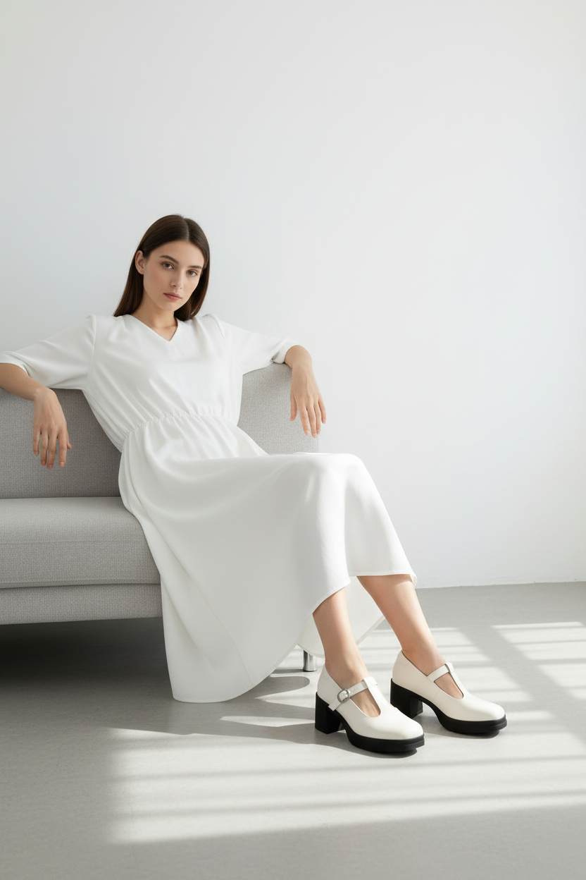 Mary Jane Blanco Con Plataforma Y Correa Ajustable Estilo Clásico Para Mujer - 14514