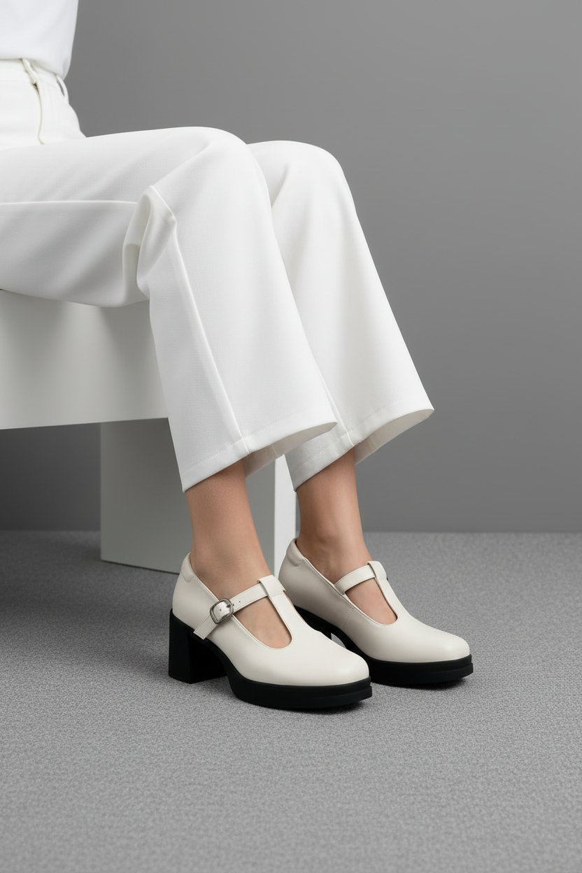 Mary Jane Blanco Con Plataforma Y Correa Ajustable Estilo Clásico Para Mujer - 14514