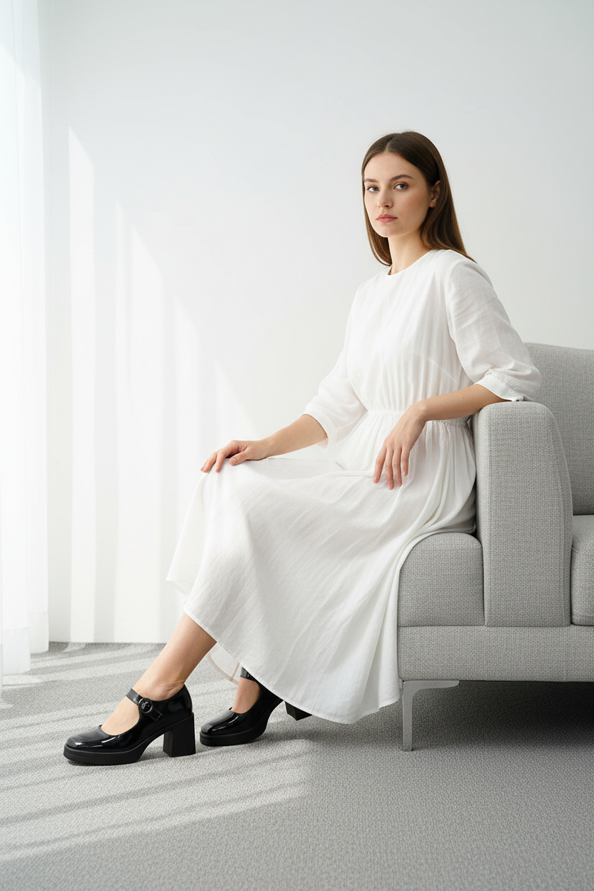 Mary Jane Negra De Charol Con Tacón Chunky Y Correa Ajustable Estilo Clásico Moderno 14515