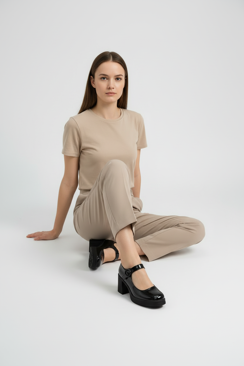 Mary Jane Negra De Charol Con Tacón Chunky Y Correa Ajustable Estilo Clásico Moderno 14515