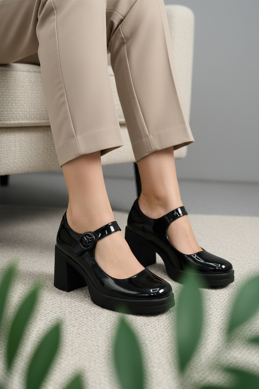 Mary Jane Negra De Charol Con Tacón Chunky Y Correa Ajustable Estilo Clásico Moderno 14515