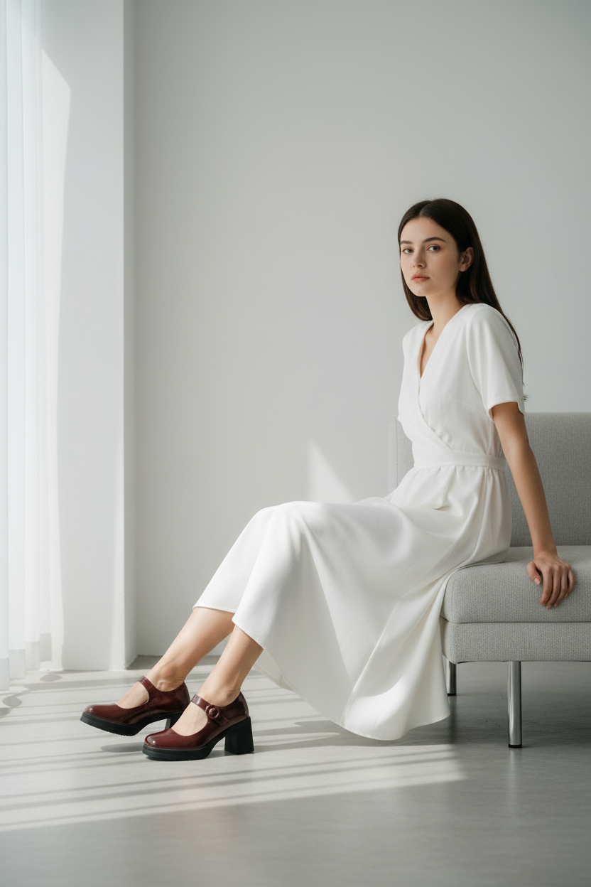 Mary Jane con Tacón Charol Bordó Con Correa Superior Ajustable Retro Moderno - 14517