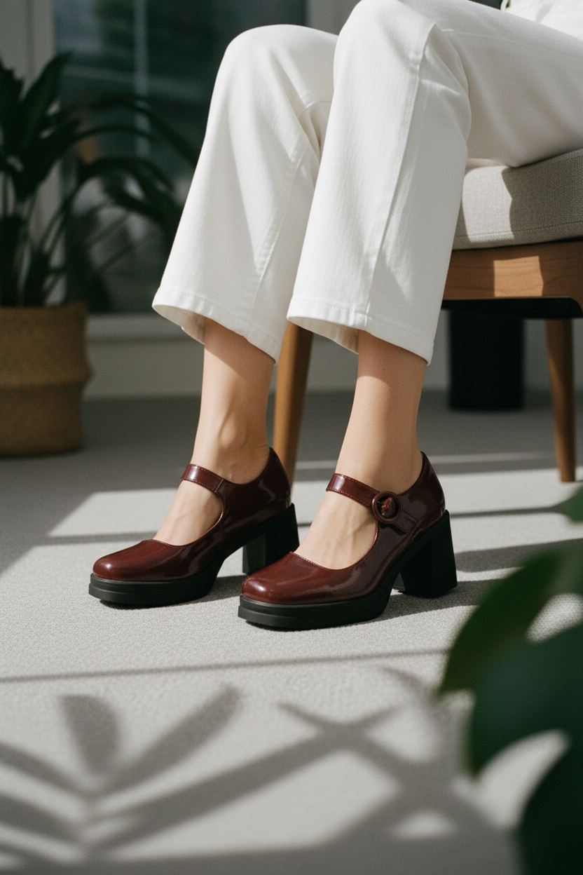 Mary Jane con Tacón Charol Bordó Con Correa Superior Ajustable Retro Moderno - 14517
