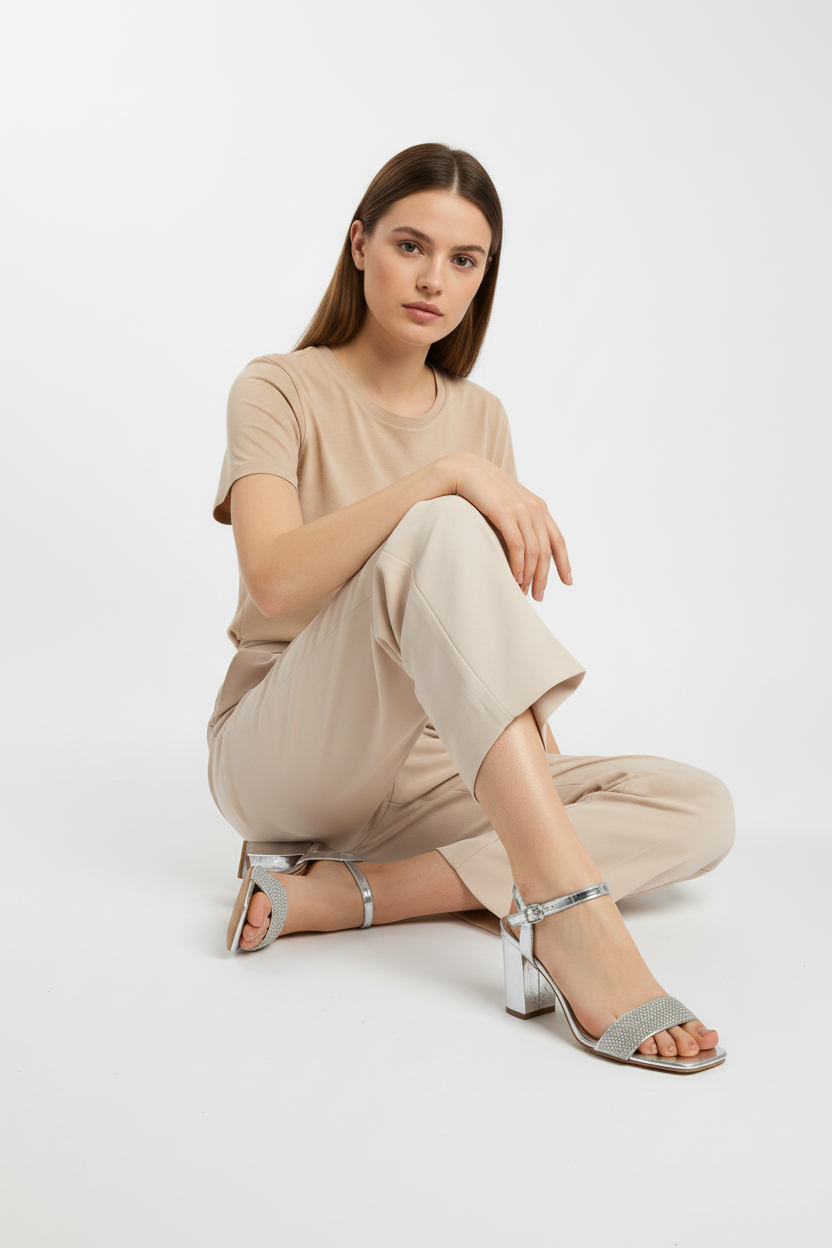 Sandalias Plateadas Con Tacón Alto Y Correa Ajustable Elegante Y Moderno - 14519