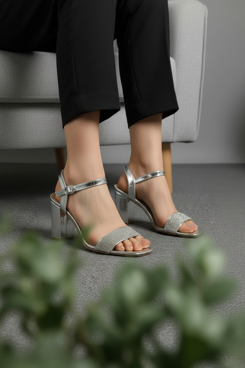 Sandalias Plateadas Con Tacón Alto Y Correa Ajustable Elegante Y Moderno - 14519