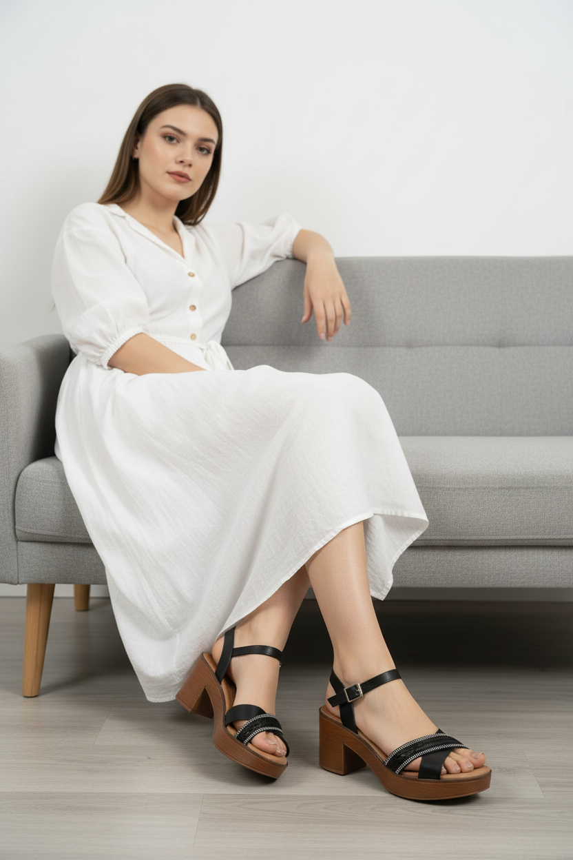 Sandalias Negras Con Plataforma de Madera y Tiras Decorativas Brillantes – 14688