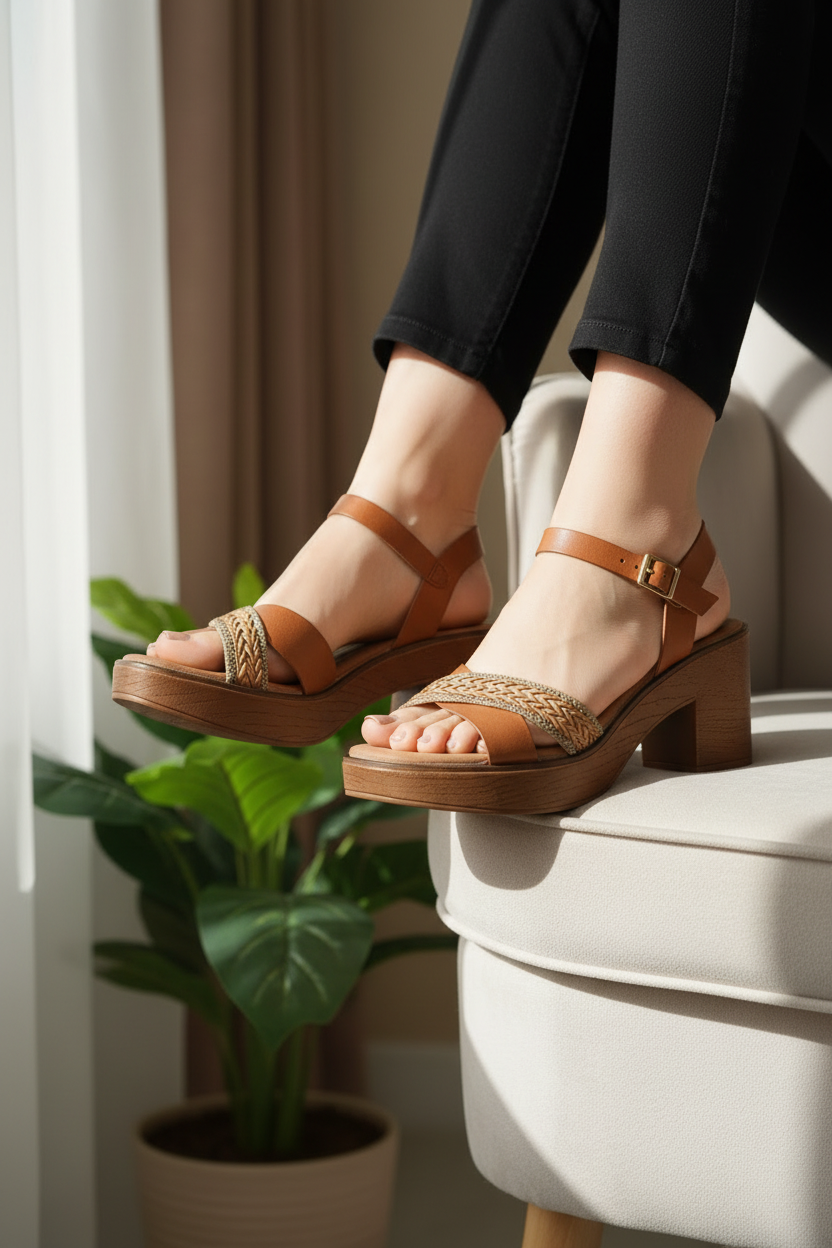 Sandalias Camel Con Tacón De Madera Y Detalle Trenzado Estilo Bohemio Moderno - 14689