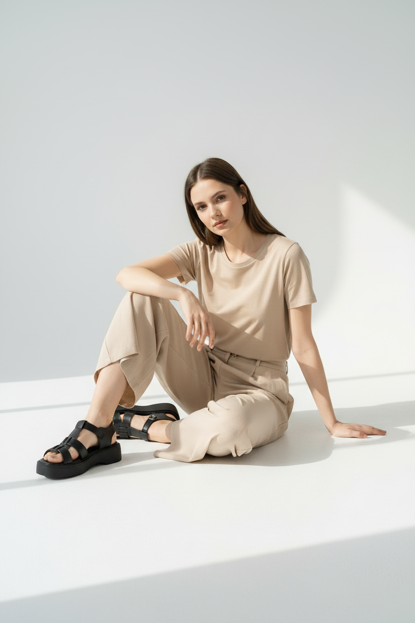 Sandalias Negras Con Plataforma Tiras Gruesas Y Hebilla Lateral Ajustable - 14717