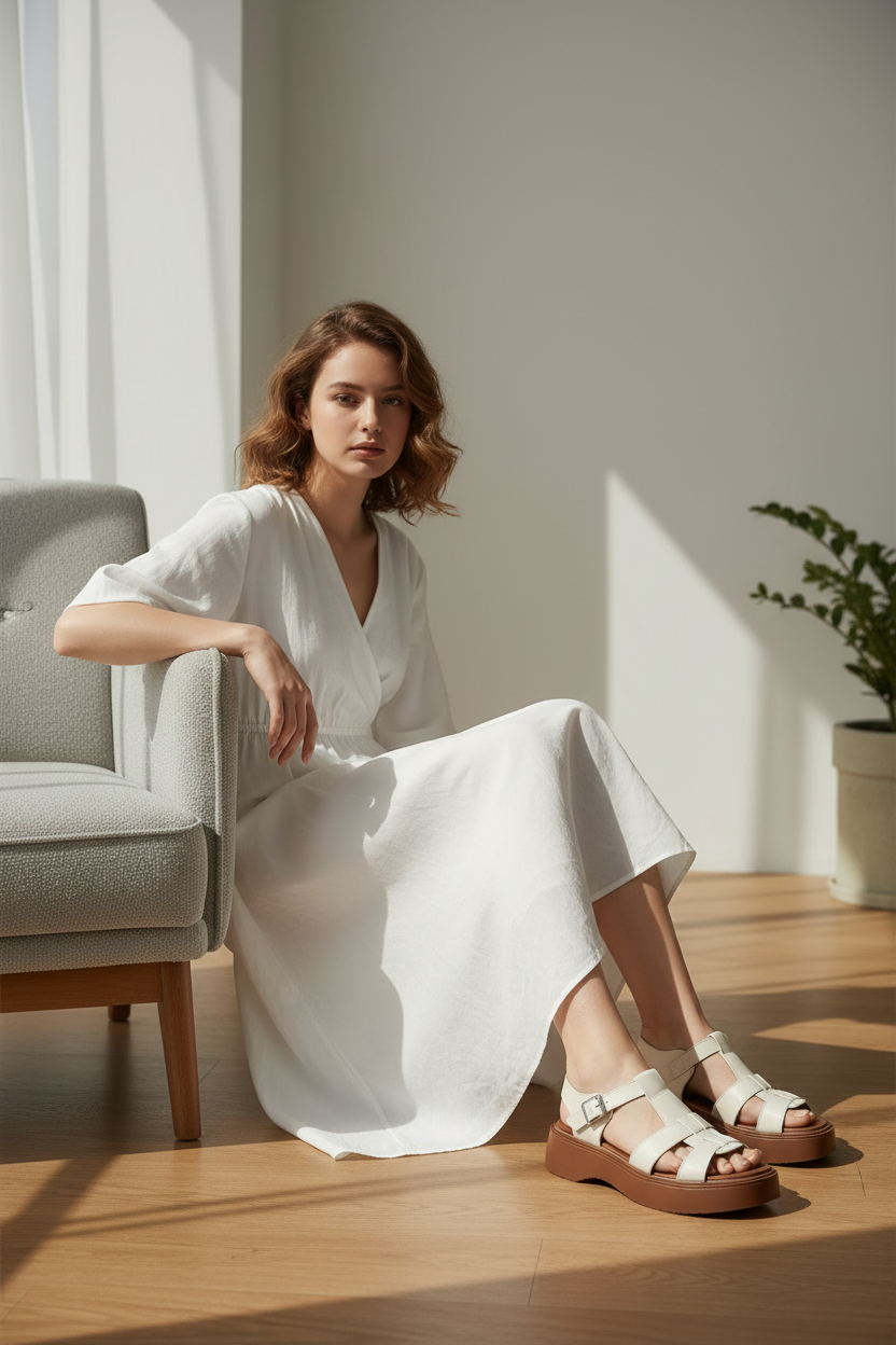 Sandalias Blanco Hueso Con Plataforma Café Y Tiras Anchas Hebilla Ajustable - 14718