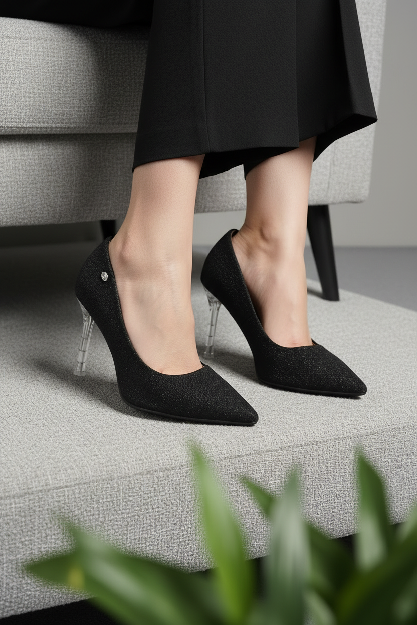 Tacones Con Acabado Negro Brillante Y Tacón Metálico Estilizado, Punta Cerrada Estilo Moderno – 14575