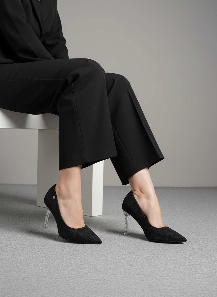 Tacones Con Acabado Negro Brillante Y Tacón Metálico Estilizado, Punta Cerrada Estilo Moderno – 14575