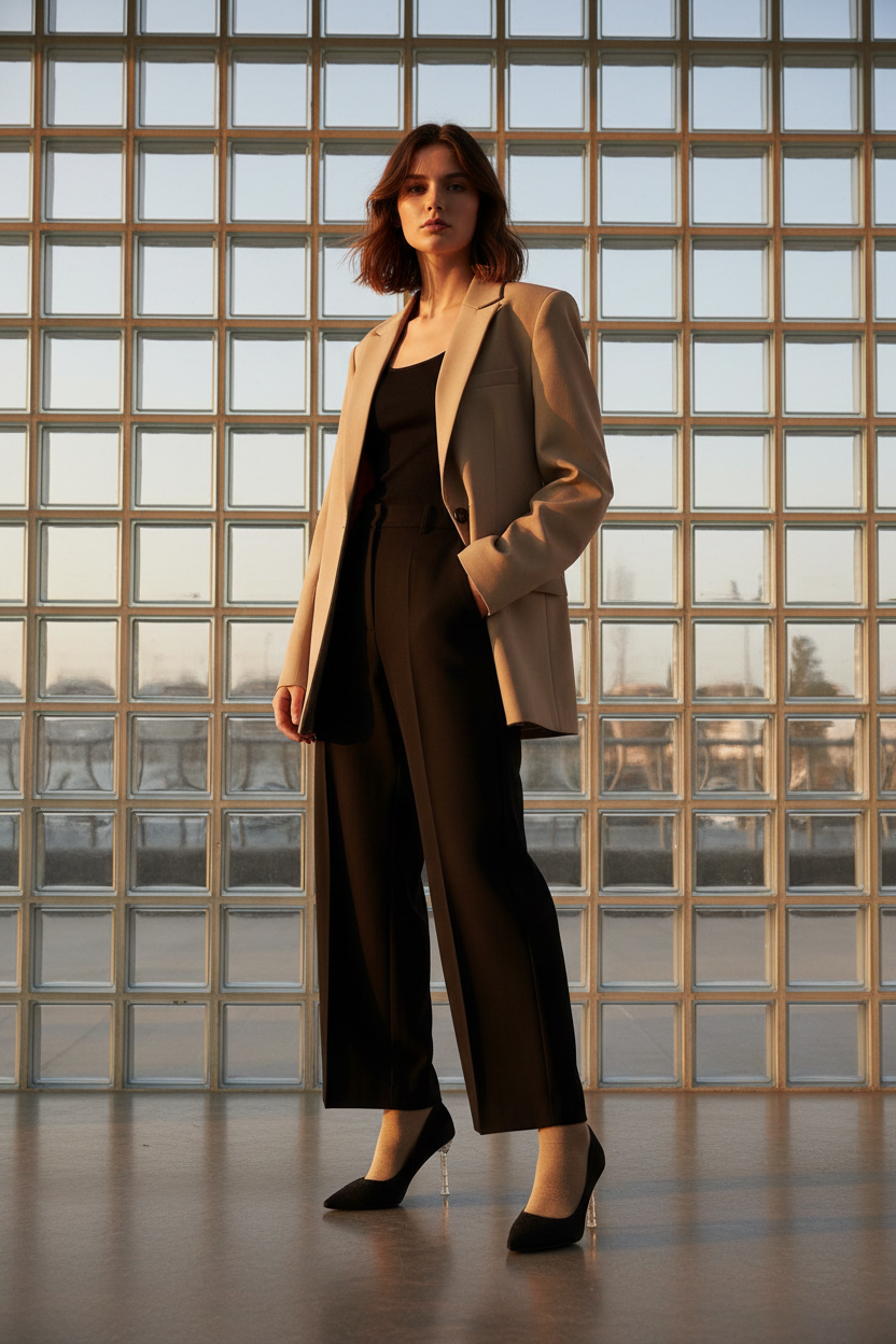 Tacones Con Acabado Negro Brillante Y Tacón Metálico Estilizado, Punta Cerrada Estilo Moderno – 14575