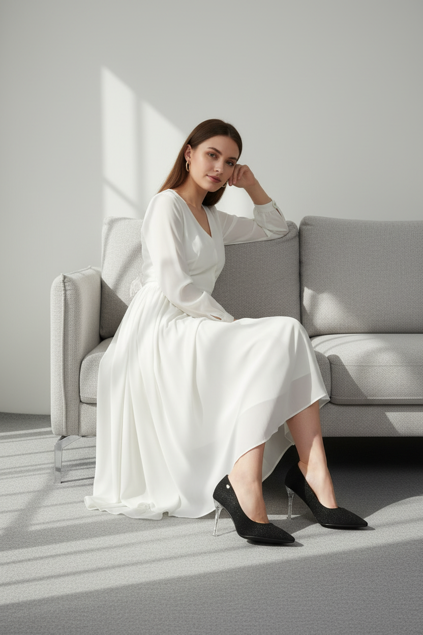 Tacones Con Acabado Negro Brillante Y Tacón Metálico Estilizado, Punta Cerrada Estilo Moderno – 14575