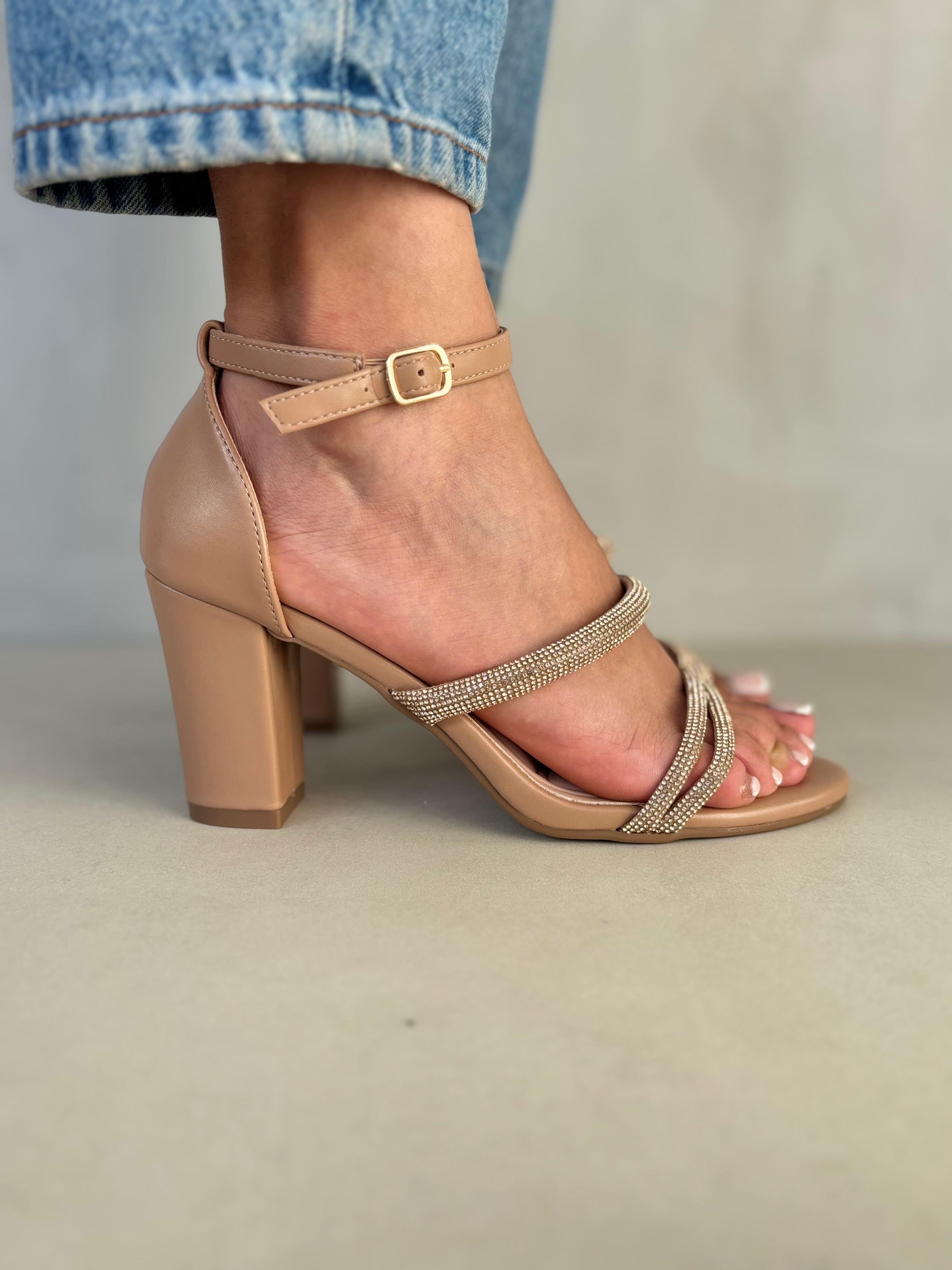 Sandalias Nude Glitter Tiras 14332 Pulsera Ajustable Al Tobillo Y Tacón Cuadrado Para Confort Y Estilo