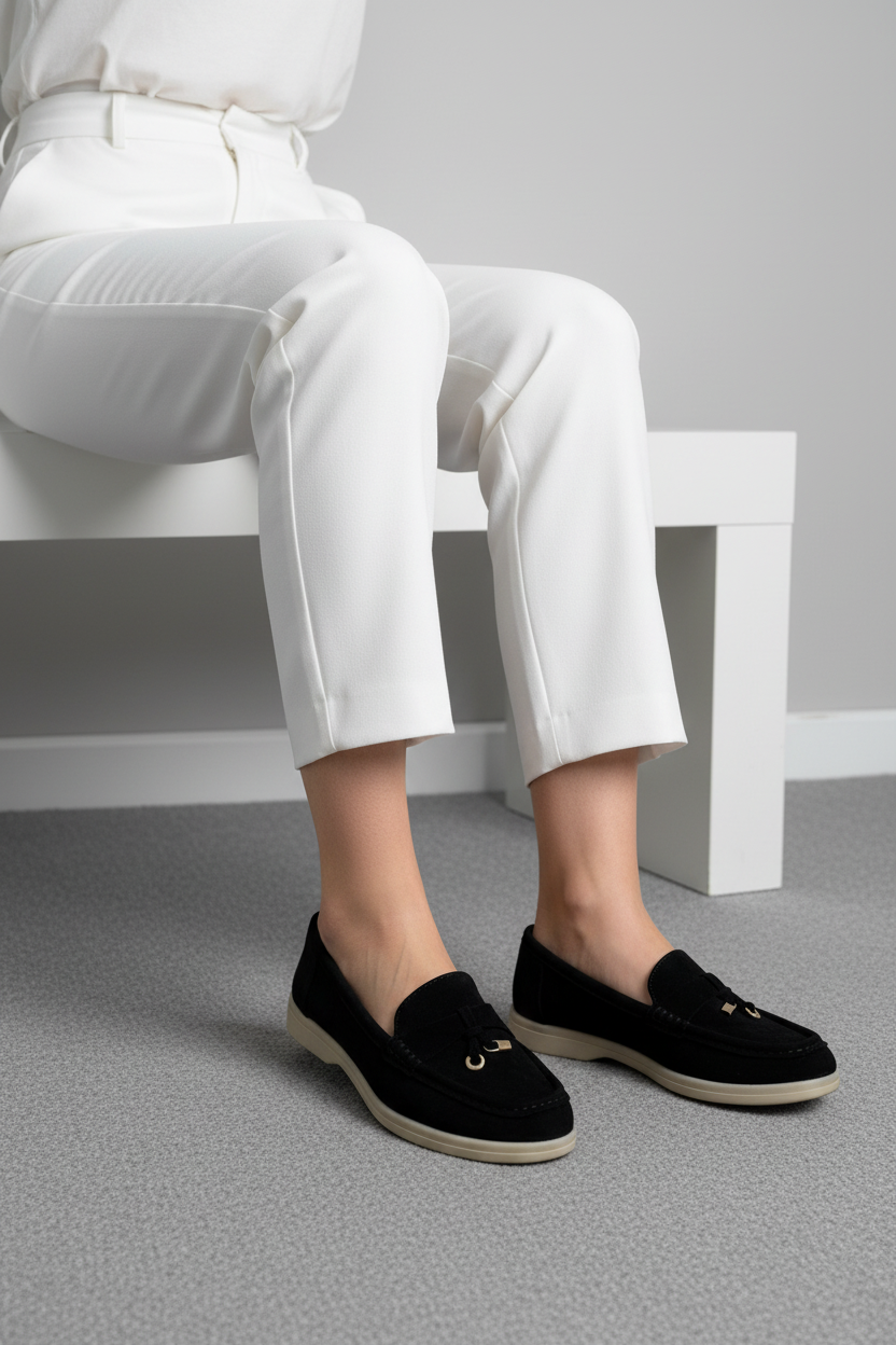 Mocasines de Gamuza Negra con Detalle Dorado Metálico Diseño Clásico y Elegante - 14447