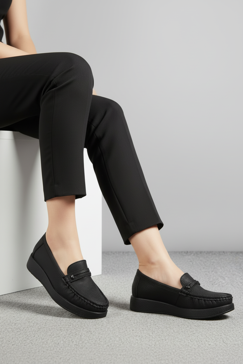 Mocasines Planos Negros Texturizados con Detalle Decorativo en Antifaz – Estilo Clásico y Confort Diario – 14008