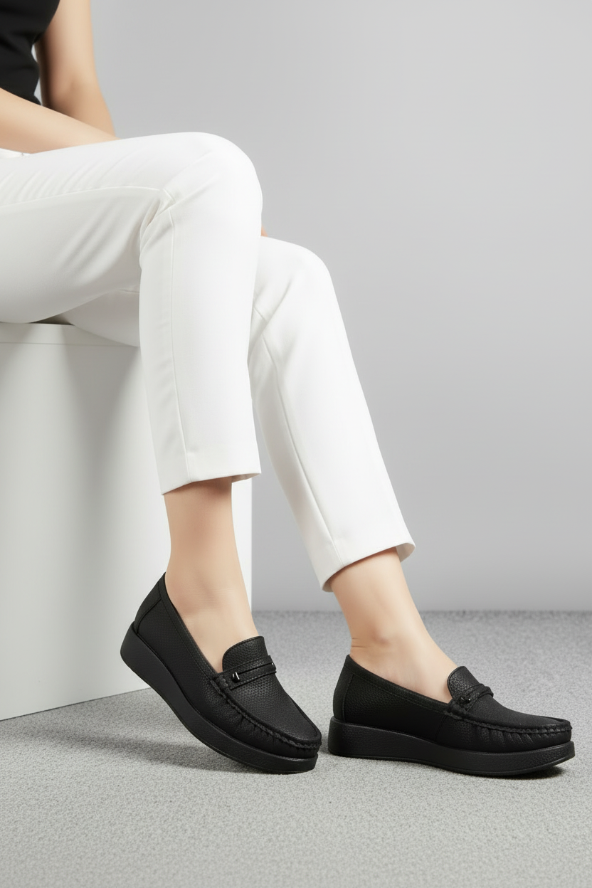 Mocasines Planos Negros Texturizados con Detalle Decorativo en Antifaz – Estilo Clásico y Confort Diario – 14008