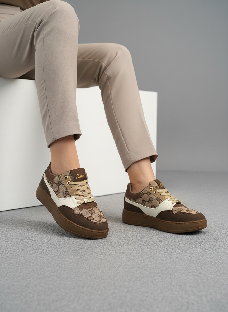 Tenis Casual En Tonos Tierra Con Acabado Gamuza, Paneles Estampados Con Monograma Y Detalles Crema - 13455