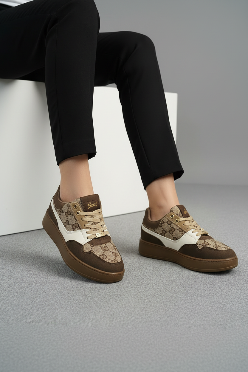 Tenis Casual En Tonos Tierra Con Acabado Gamuza, Paneles Estampados Con Monograma Y Detalles Crema - 13455