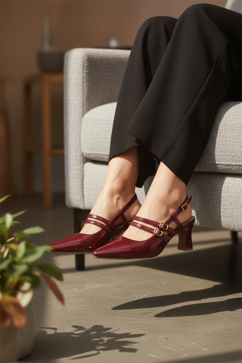 Tacones Burdeos De Charol Con Tiras Delgadas Y Hebillas Metálicas Brillantes - 14580